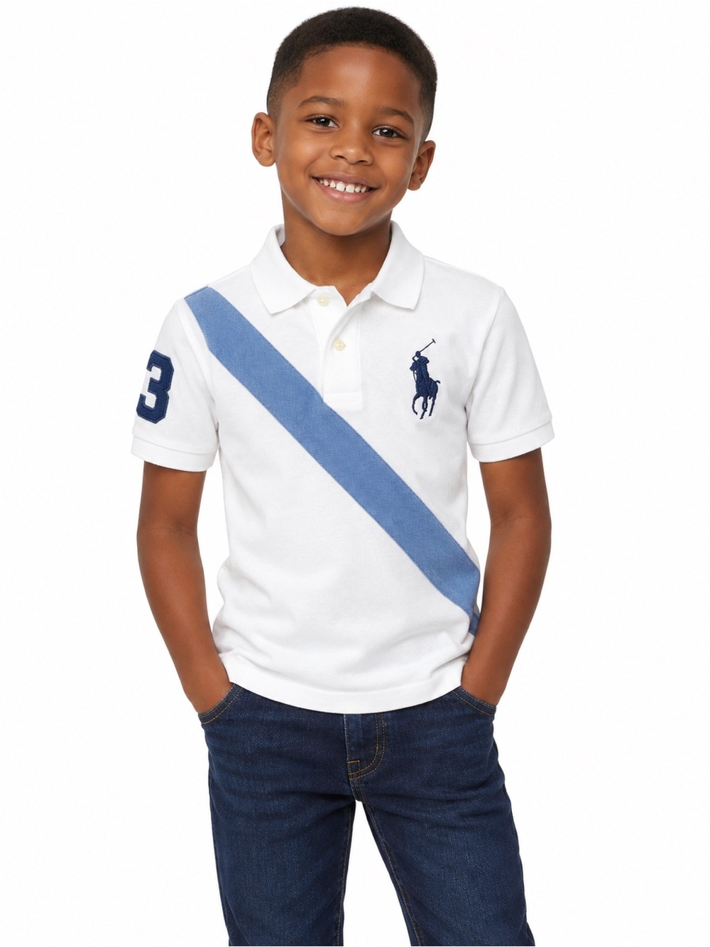 Polo Ralph Lauren Boys Big Pony Cotton Mesh Polo Shirt Blue White Size 7 years